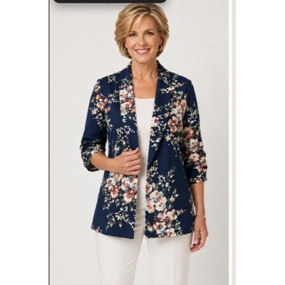 Chico's Travelers Presley Floral Ruched Sleeve Jacket Passport Blue Size 3 XL